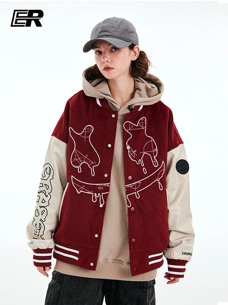 ER黑色刺绣PU皮棒球服男潮牌美式高街撞色拼接春秋情侣装夹克外套 Erjk3059 商品