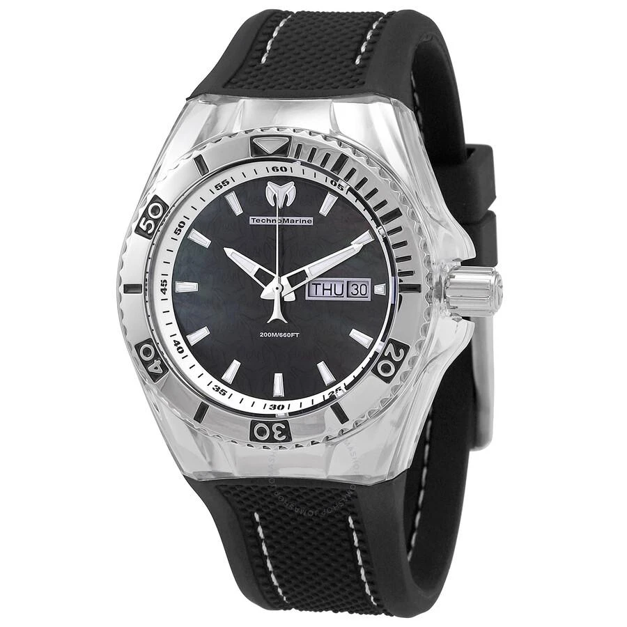 商品TechnoMarine|Cruise Monogram Black Mother of Pearl Logo Textured Dial Black Silicone Strap Men's Watch 115212,价格¥663,第1张图片