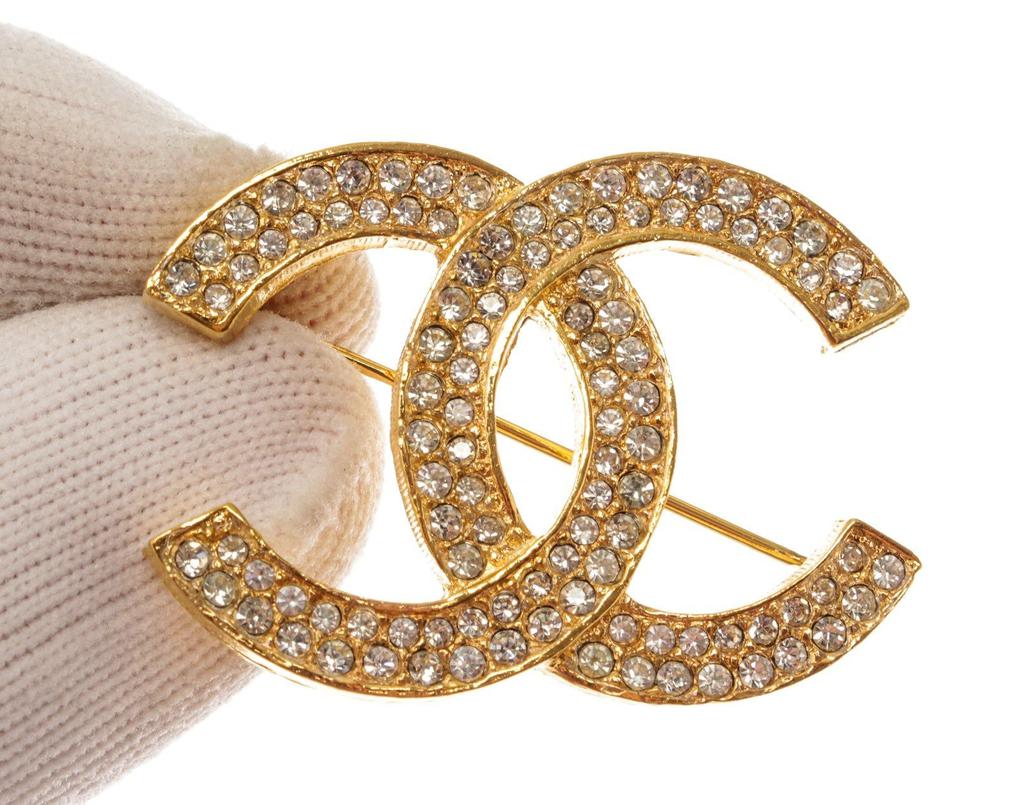 Chanel Vintage Gold-tone Metal CC Rhinestone Brooch商品第3张图片规格展示