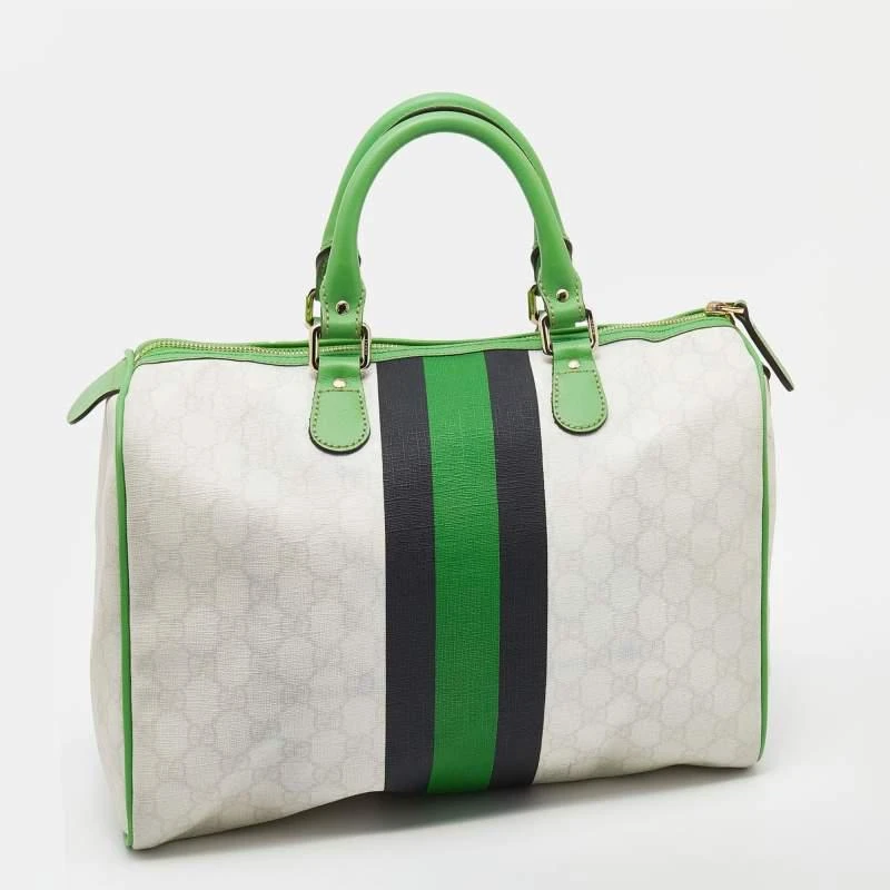 商品[二手商品] Gucci|Gucci White/Green GG Supreme Canvas And Leather Medium Web Stripe Joy Boston Bag,价格¥3867,第3张图片详细描述