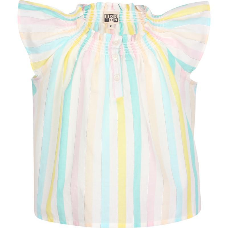 商品Bonton|Sleeveless shirt with elasticated neckline and trousers set in stripes pastel colors and pink,价格¥870,第2张图片详细描述