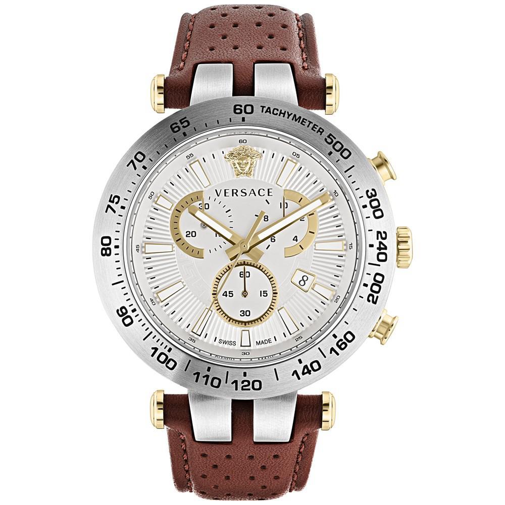 商品Versace|Men's Swiss Chronograph Bold Brown Perforated Leather Strap Watch 46mm,价格¥8078,第1张图片