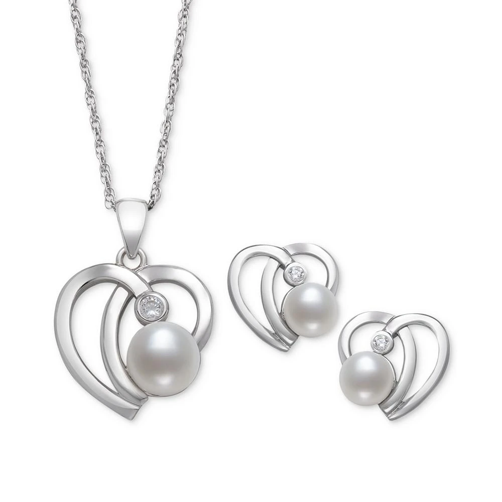 商品Belle de Mer|2-Pc. Set Cultured Freshwater Button Pearl (6mm) & Cubic Zirconia Heart Pendant Necklace & Matching Stud Earrings in Sterling Silver,价格¥1859,第4张图片详细描述
