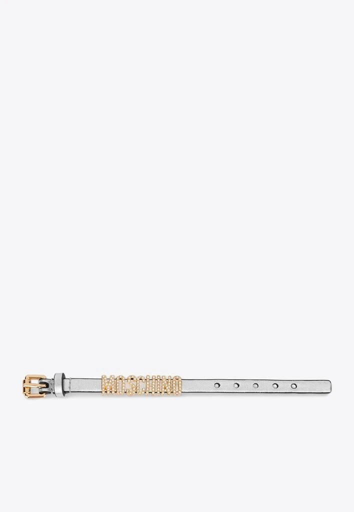 商品Moschino|Crystal Embellished Logo Metallic Leather Bracelet,价格¥2100,第2张图片详细描述