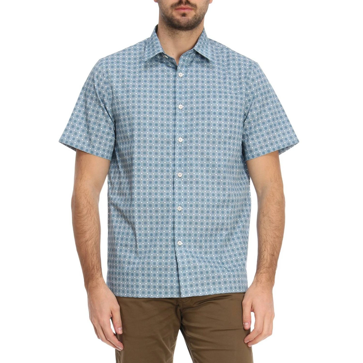 商品Prada|PRADA 男士灰蓝色印花棉质短袖衬衫 UCS293-1P93-F0012,价格¥3471,第1张图片
