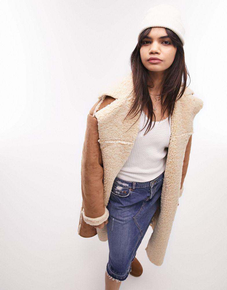 Topshop faux shearling longline reversible coat in tan and cream商品第4张图片规格展示