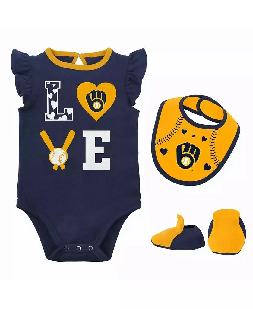 商品Outerstuff|Newborn and Infant Boys and Girls Navy, Gold Milwaukee Brewers Three-Piece Love of Baseball Bib Bodysuit and Booties Set,价格¥246,第1张图片