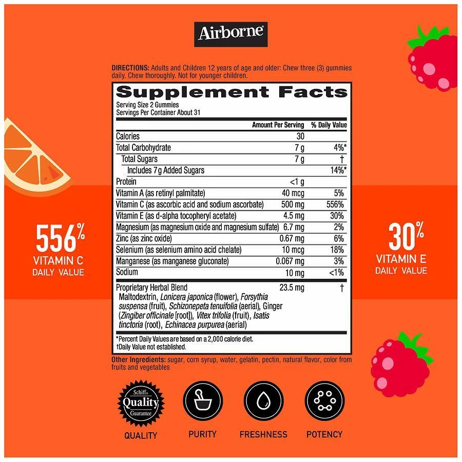 商品Airborne|Vitamin C, E, Zinc, Minerals & Herbs Kids Immune Support Supplement Gummies Assorted Fruit,价格¥228,第4张图片详细描述