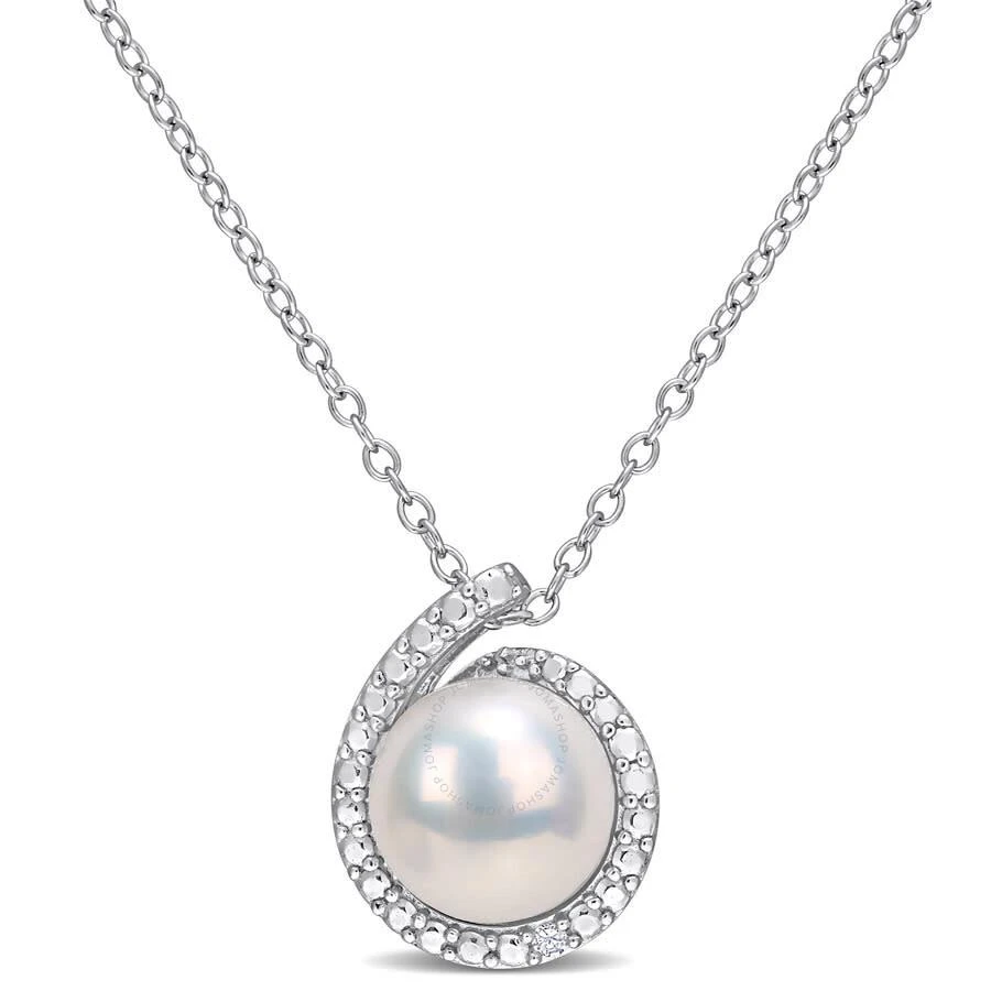 商品Amour|8-8.5mm Freshwater Cultured Pearl and Diamond Accent Halo Pendant with Chain In Sterling Silver,价格¥327,第1张图片