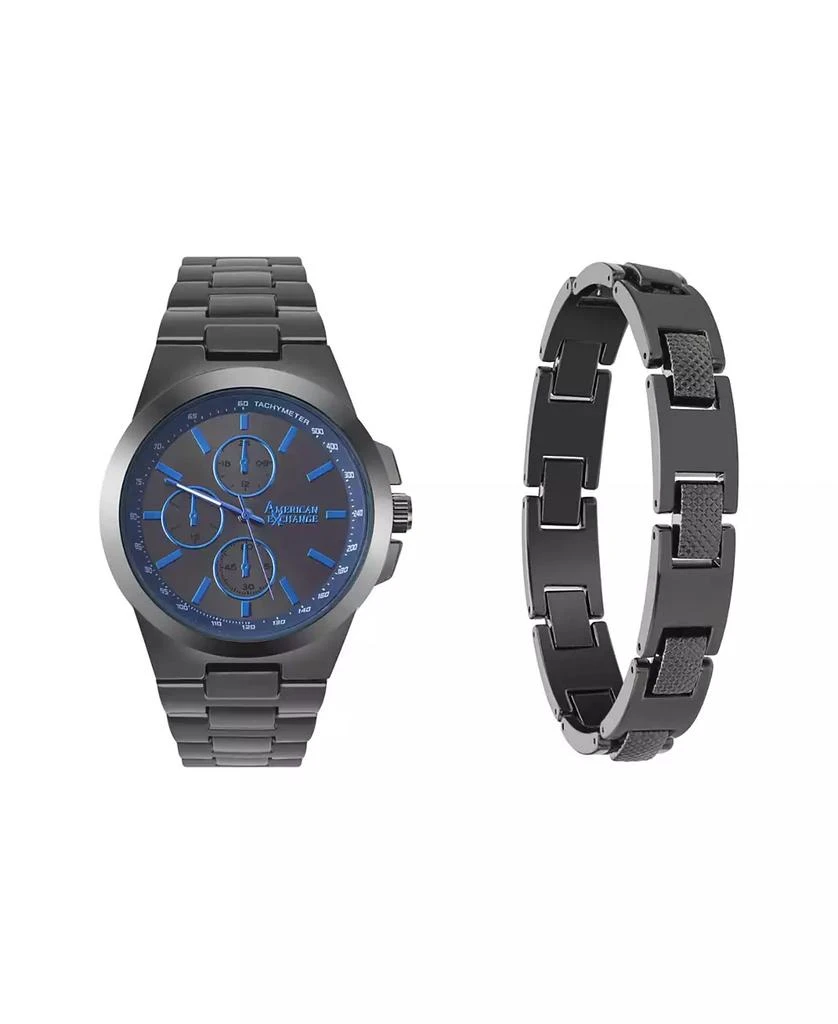 商品American Exchange|Men's Quartz Movement Shiny Gunmetal Bracelet Analog Watch, 43mm with Pendant Necklace and Bracelet Set,价格¥150,第1张图片