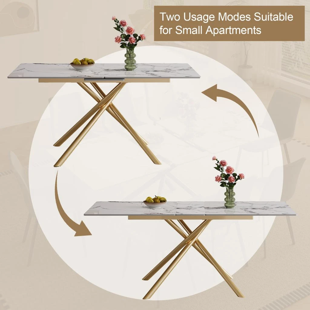 商品Streamdale Furniture|Streamdale 59" Expandable Sintered Stone Dining Table with Golden X-Base,价格¥4885,第2张图片详细描述