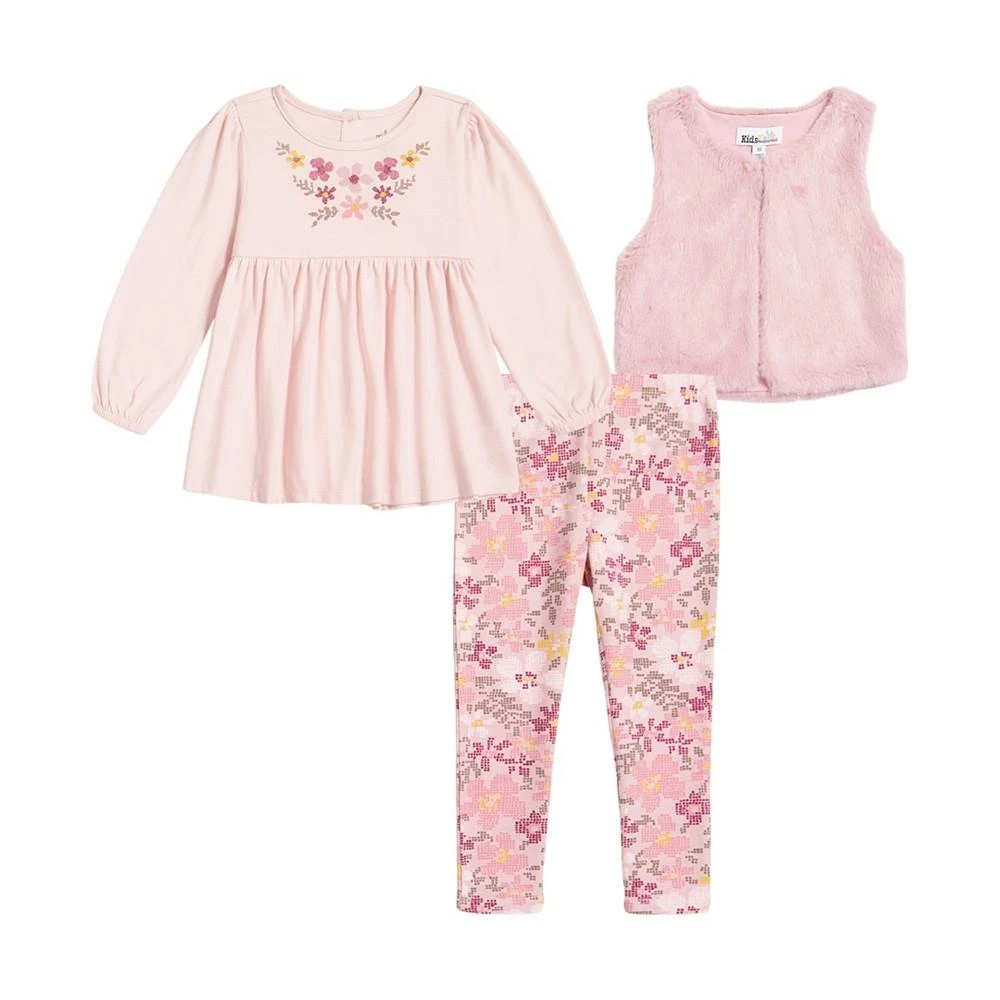 商品KIDS HEADQUARTERS|Little Girls Floral Peasant T-shirt, Faux Fur Vest and Big Floral Leggings, 3 Piece Set,价格¥193,第1张图片