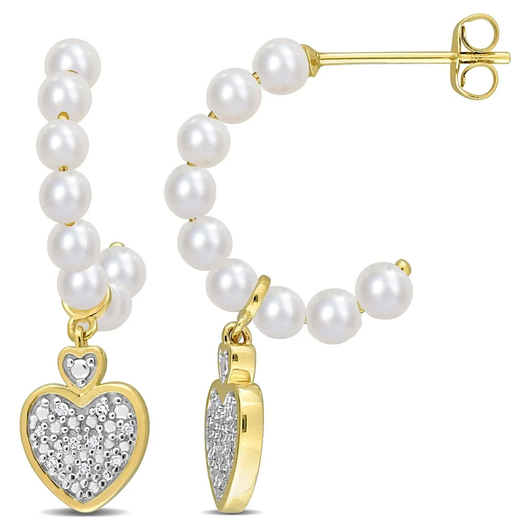 商品Mimi & Max|3.5-4mm Freshwater Cultured Pearl and Diamond Accent Heart Drop Earrings in 10k Yellow Gold,价格¥2949,第1张图片