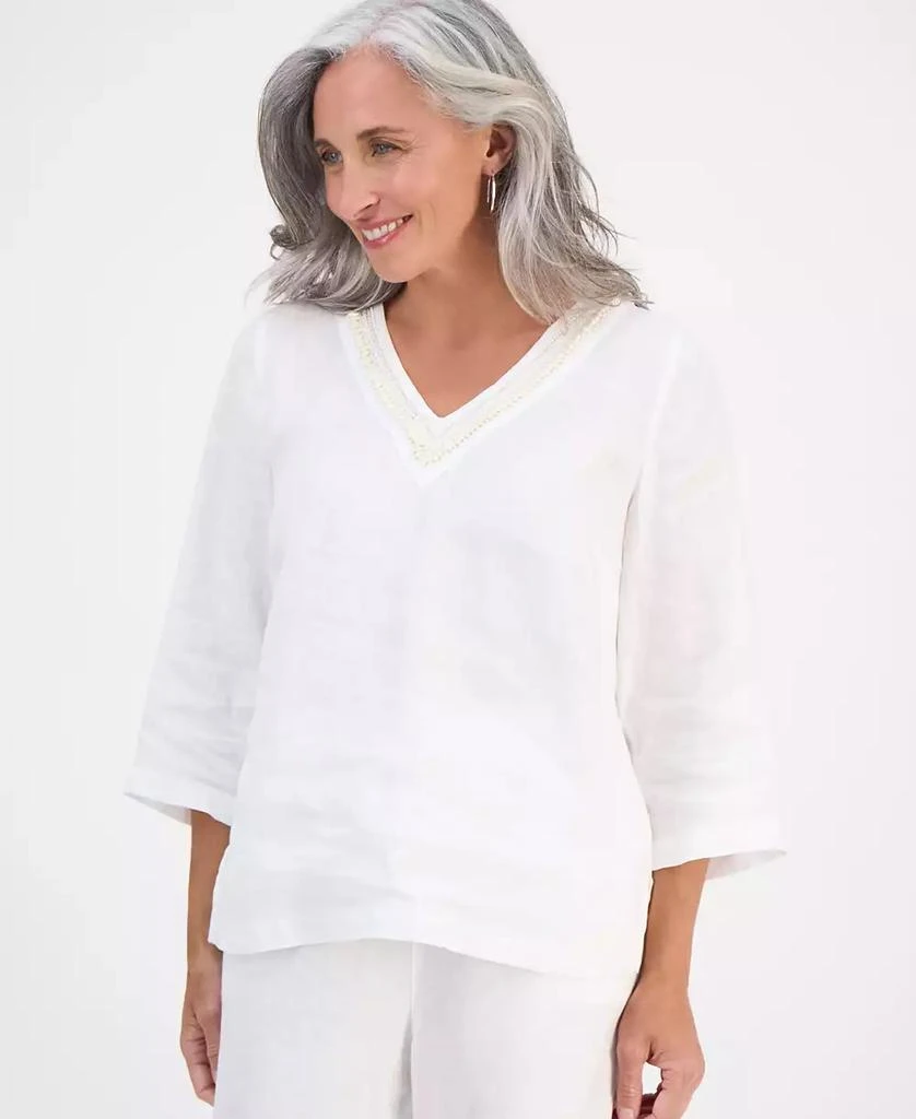 商品Charter Club|Petite Embellished V-Neck 3/4-Sleeve Linen Top, Exclusively at Macy's,价格¥355,第1张图片