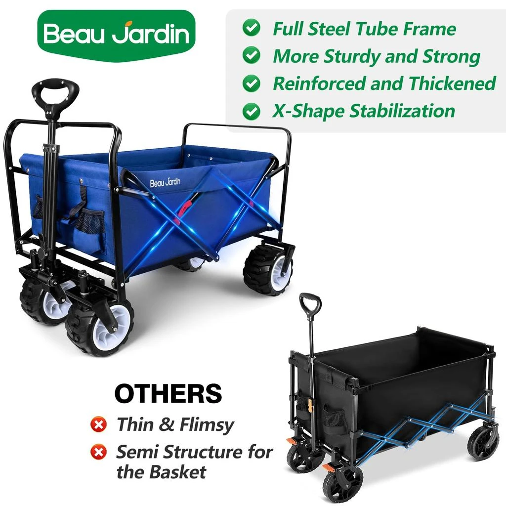 商品BEAU JARDIN|BEAU JARDIN Folding Beach Wagon 460 Pound Collapsible Foldable Wagon with All Terrain Big Wheels Heavy Duty Utility Groacery Cart for Camping Garden Sports Blue,价格¥969,第3张图片详细描述