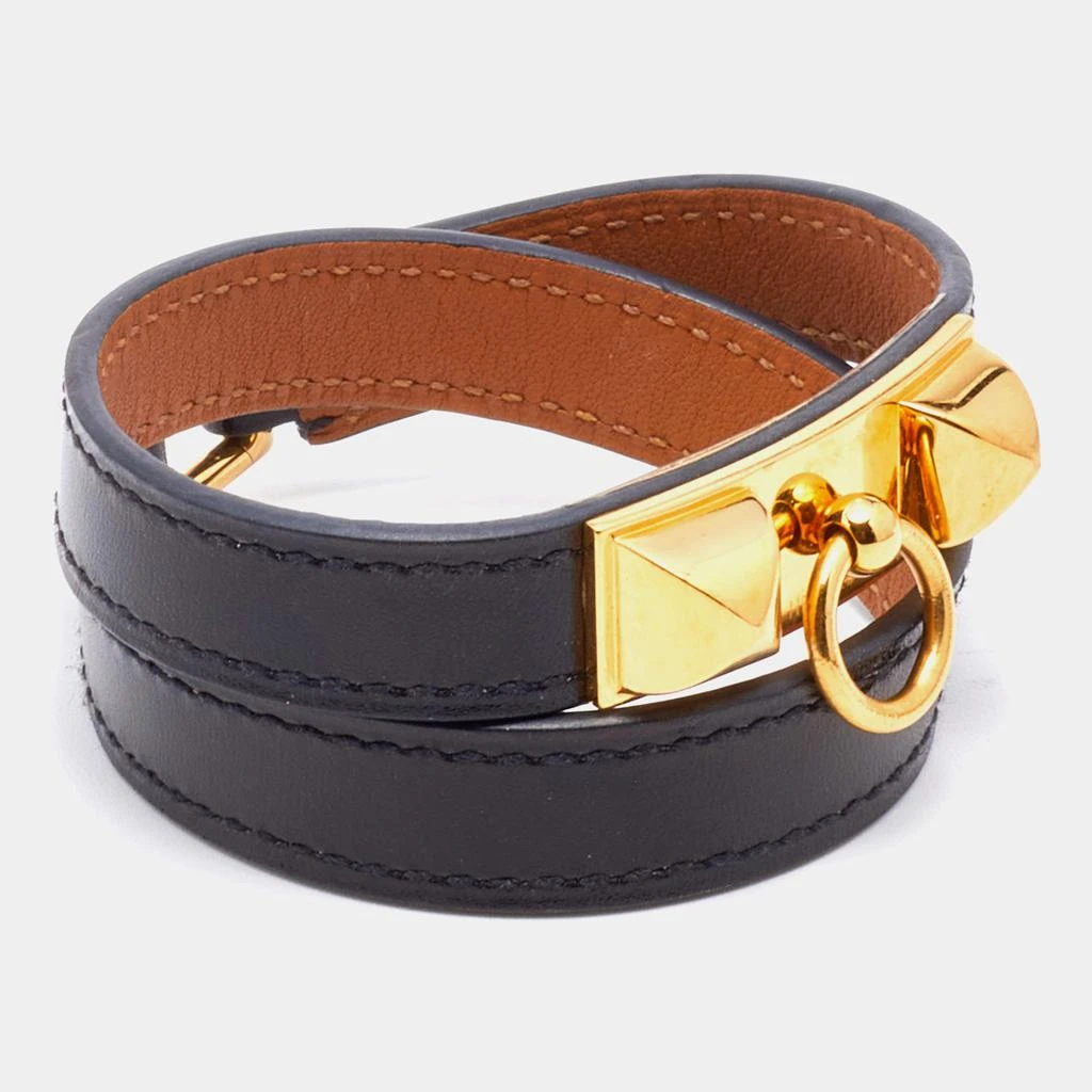 商品[二手商品] Hermes|Hermès Black Leather Gold Plated Rivale Double Tour Bracelet S,价格¥1553,第3张图片详细描述