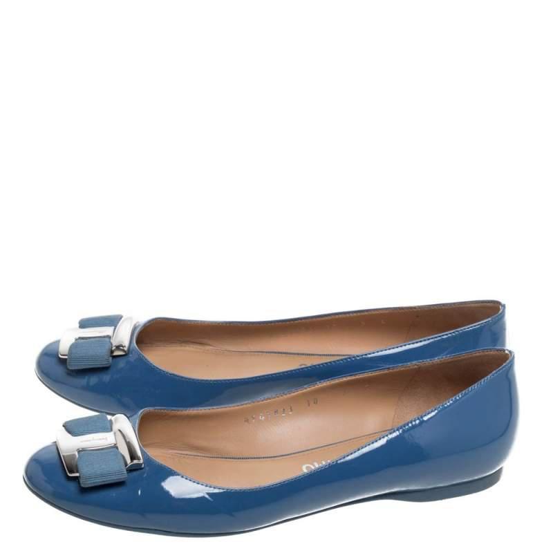 商品[二手商品] Salvatore Ferragamo|Salvatore Ferragamo Blue Patent Leather Ninna Kangaroo Bow Ballet Flats Size 38.5,价格¥1178,第6张图片详细描述