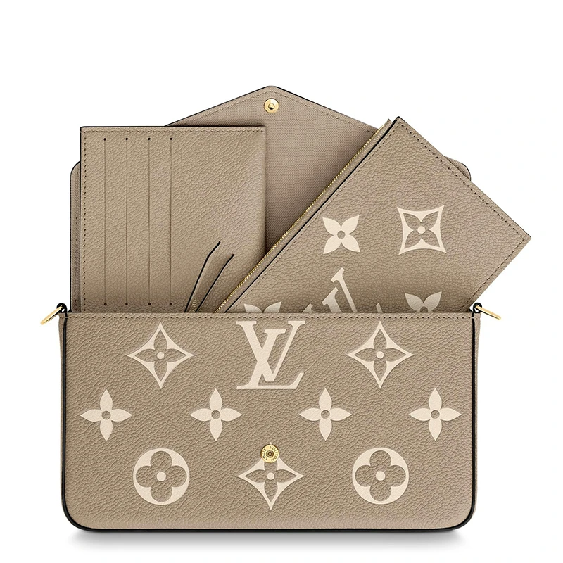 预售十天 Louis Vuitton/路易威登 22春夏新款FÉLICIE系列 女士大象灰粒面牛皮革奶白色老花印花金扣金链配可拆卸贴袋翻盖开合单肩斜挎手拿链条信封包M69977 商品