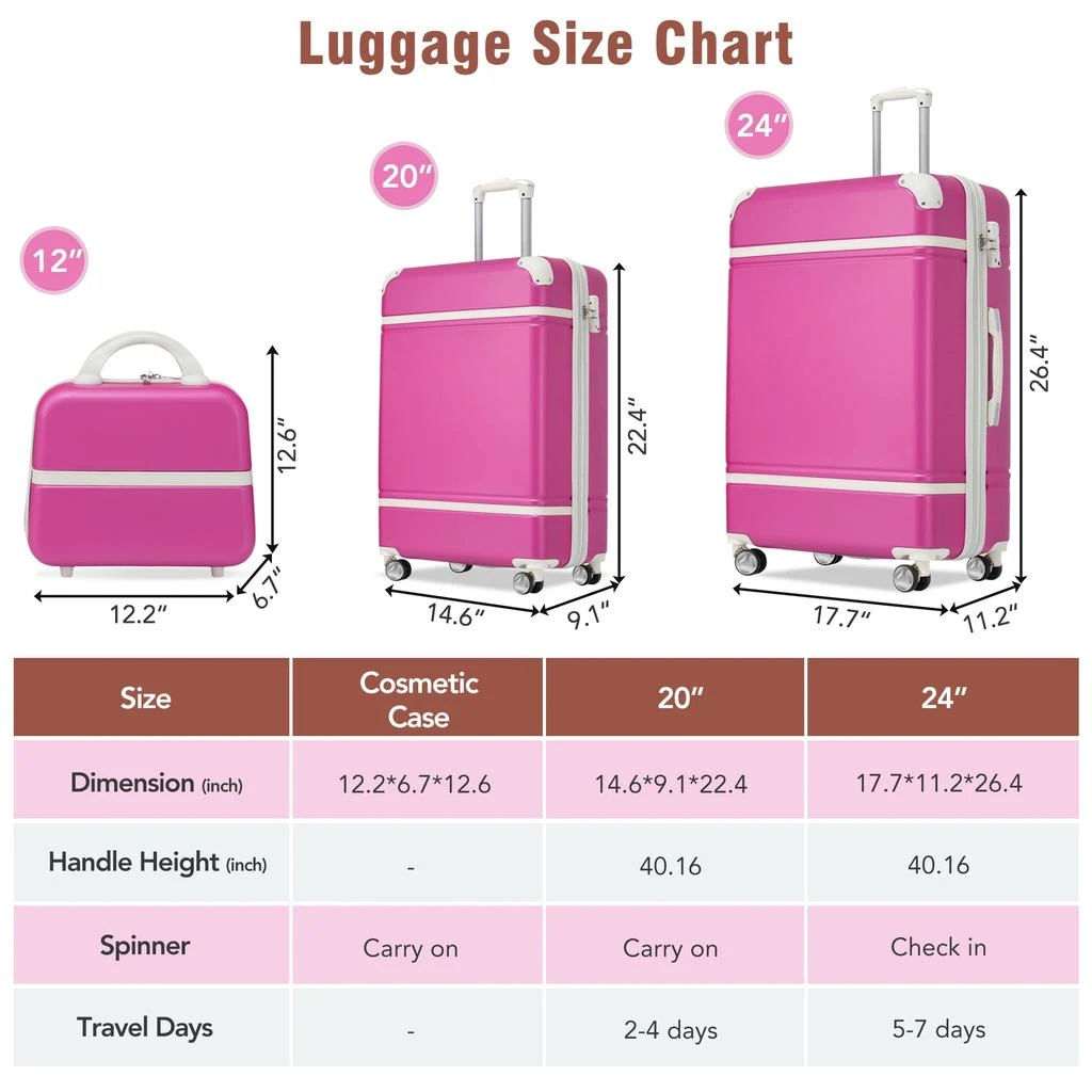 商品Streamdale Furniture|Streamdale Hardshell Luggage Sets 3 Pieces 20" +24" Luggages and Cosmetic Case Spinner Suitcase with TSA Lock Lightweight,价格¥1527,第2张图片详细描述