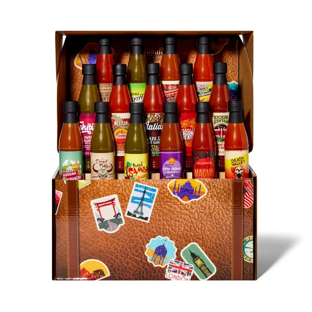 商品Thoughtfully|Gourmet, World Traveler Suitcase Hot Sauce Gift Set, Set of 15,价格¥402,第1张图片