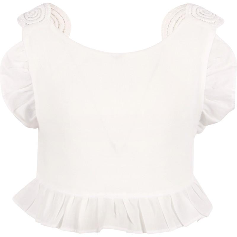 Ruffled top with lace back detailing and aop red roses skort set in white and pink商品第2张图片规格展示