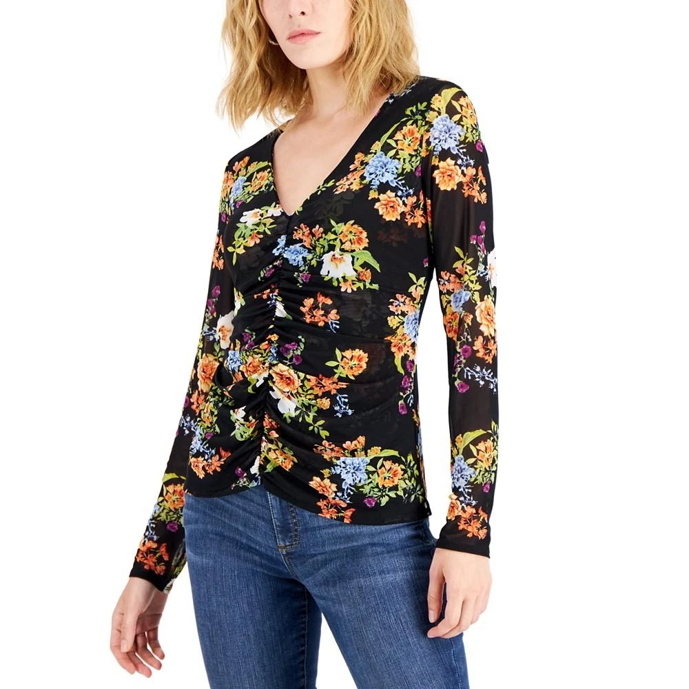 商品INC International|Women's Floral-Print Ruched-Center V-Neck Mesh Top, Created for Macy's,价格¥60,第1张图片