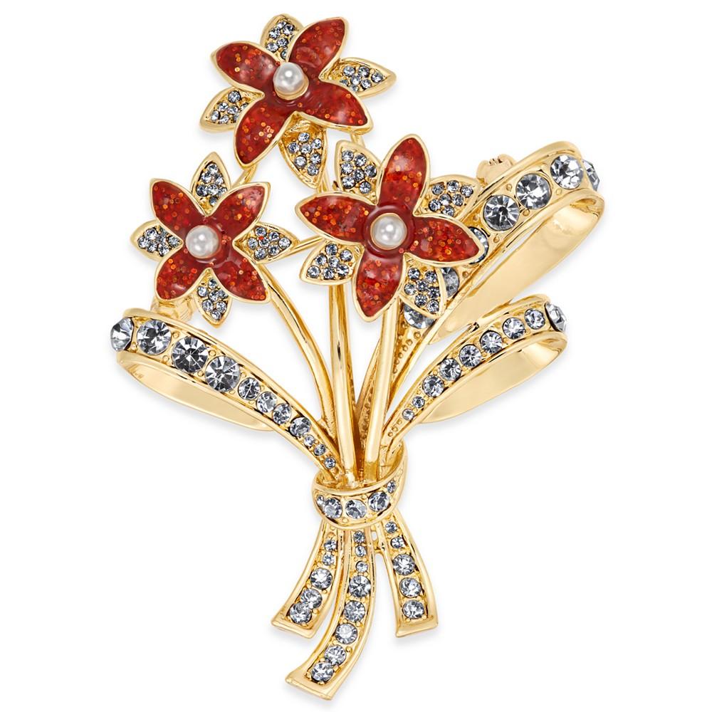 Gold-Tone Crystal & Imitation Pearl Flower Bouquet Pin, Created for Macy's商品第1张图片规格展示