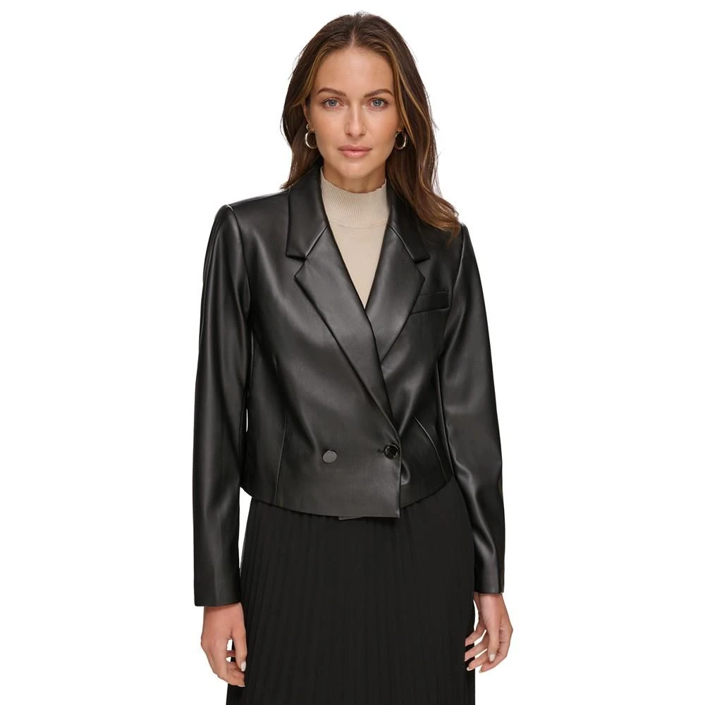 商品DKNY|Women's Cropped Double-Breasted Faux Leather Blazer,价格¥334,第1张图片