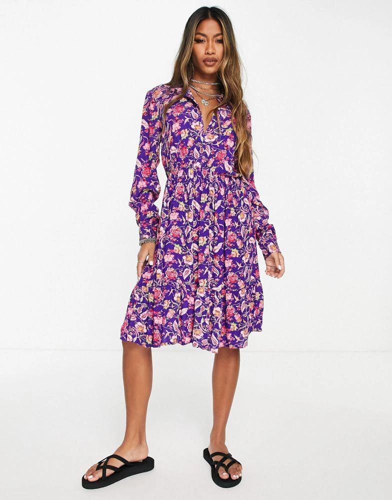 商品VERO MODA|Vero Moda long sleeve midi shirt dress in blue print,价格¥246,第4张图片详细描述