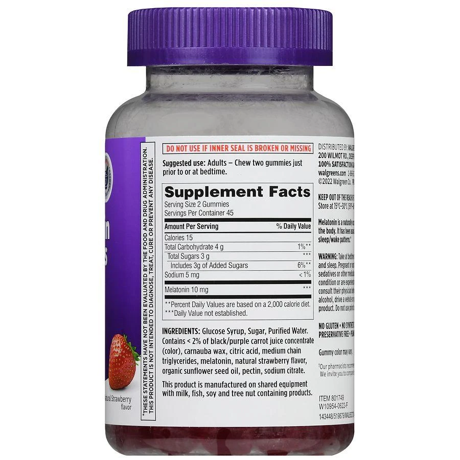 商品Walgreens|Melatonin 10 mg Gummies (45 days) Natural Strawberry,价格¥97,第4张图片详细描述