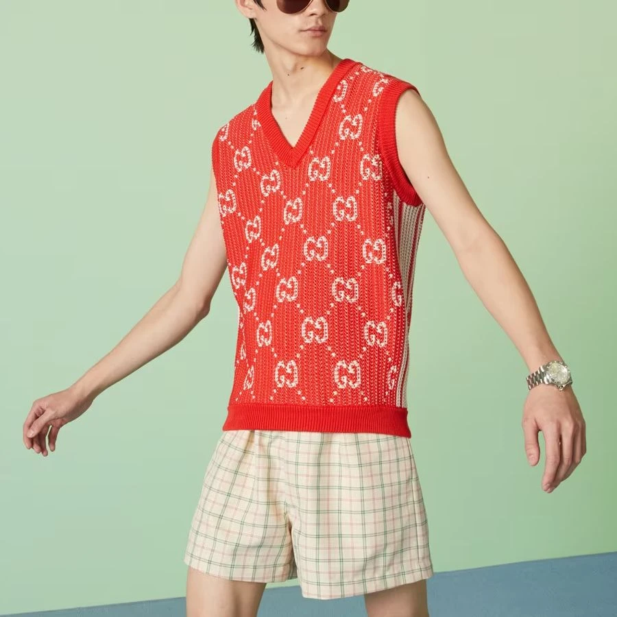 商品[国内直发] Gucci|古驰 图案印花缕空无袖马甲 男款 红色,价格¥3536,第3张图片详细描述