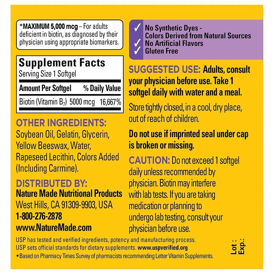 商品Nature Made|Maximum Strength Biotin 5000 mcg Softgels,价格¥111,第3张图片详细描述