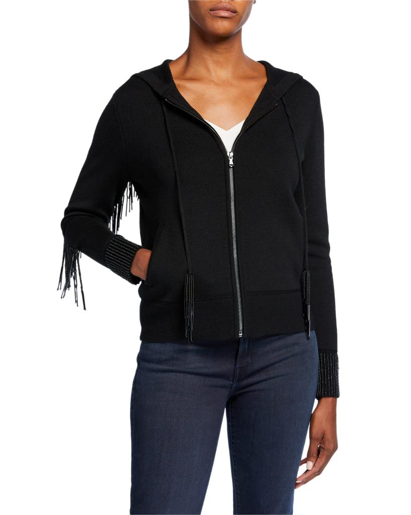 Reta Zip-Front Long-Sleeve Fringe-Trim Hooded Sweater商品第2张图片规格展示