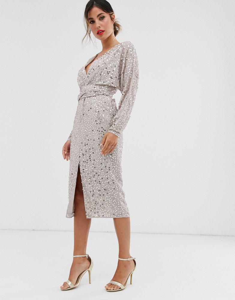 商品ASOS|ASOS DESIGN midi dress with batwing sleeve and wrap waist in scatter sequin,价格¥727,第6张图片详细描述