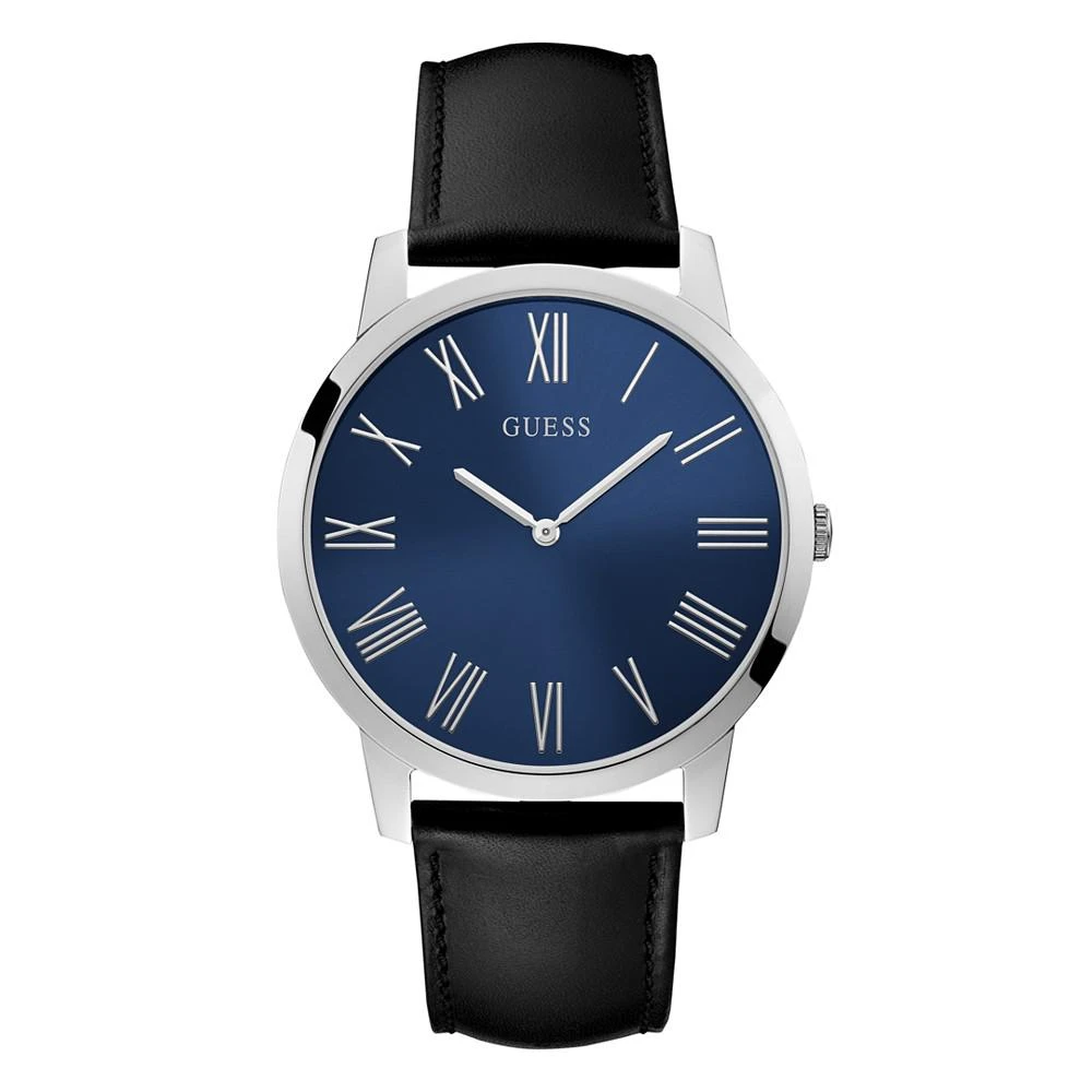 商品GUESS|Men's Quartz Silver-Tone Stainless Steel Black Leather Strap Watch 44mm,价格¥494,第1张图片