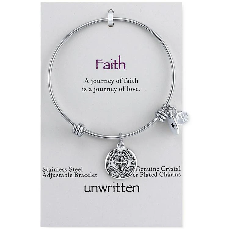 商品Unwritten|Crystal Accented Cross Disc Charm Adjustable Bangle Bracelet in Stainless Steel,价格¥206,第1张图片