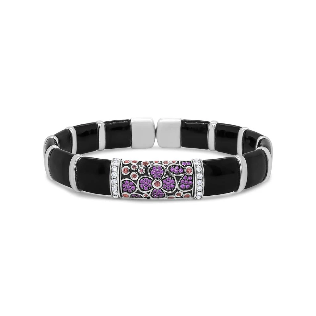 商品Haus of Brilliance|.925 Sterling Silver Black and Brown Enamel 1/3 Cttw Round Diamonds and Pink and Orange Sapphire Gemstones Floral Statement Bangle Bracelet,价格¥37166,第2张图片详细描述