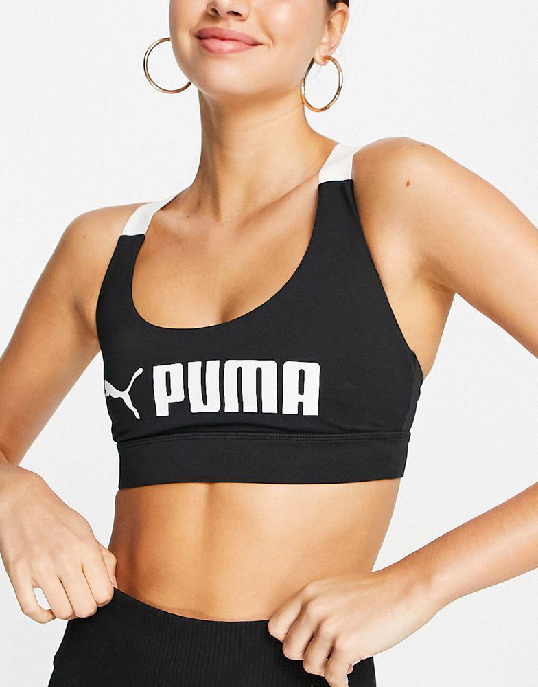 Puma Training Fit mid support sports bra with colourblock in black商品第4张图片规格展示