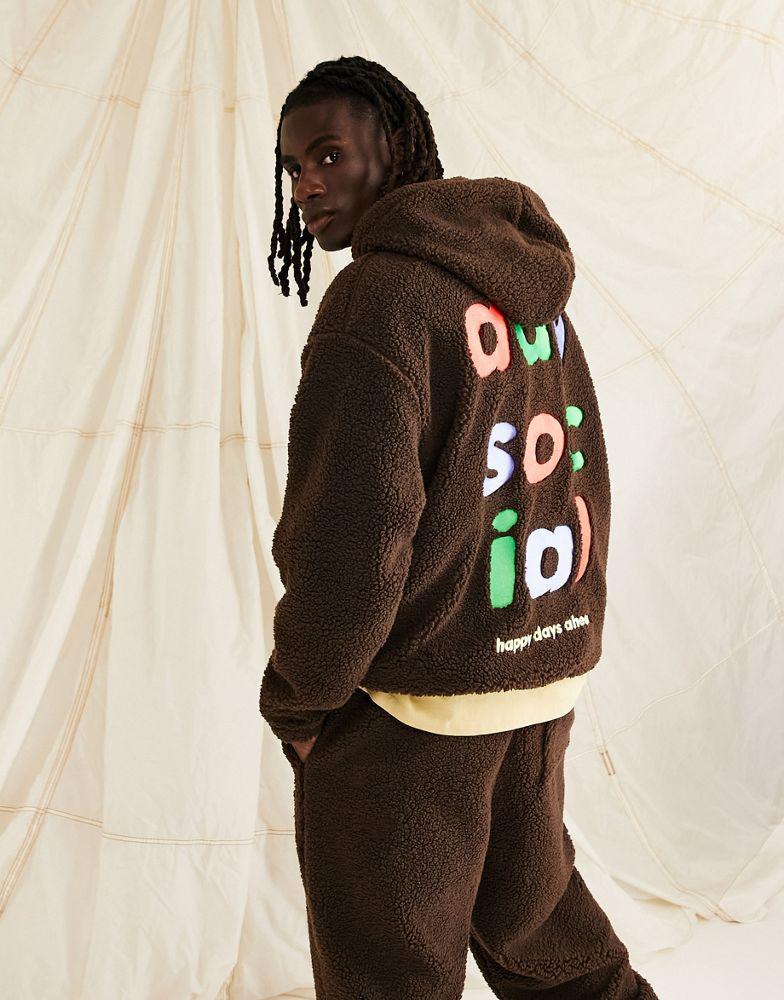 ASOS Daysocial co-ord oversized hoodie in teddy borg with large back logo embroidery in brown商品第1张图片规格展示