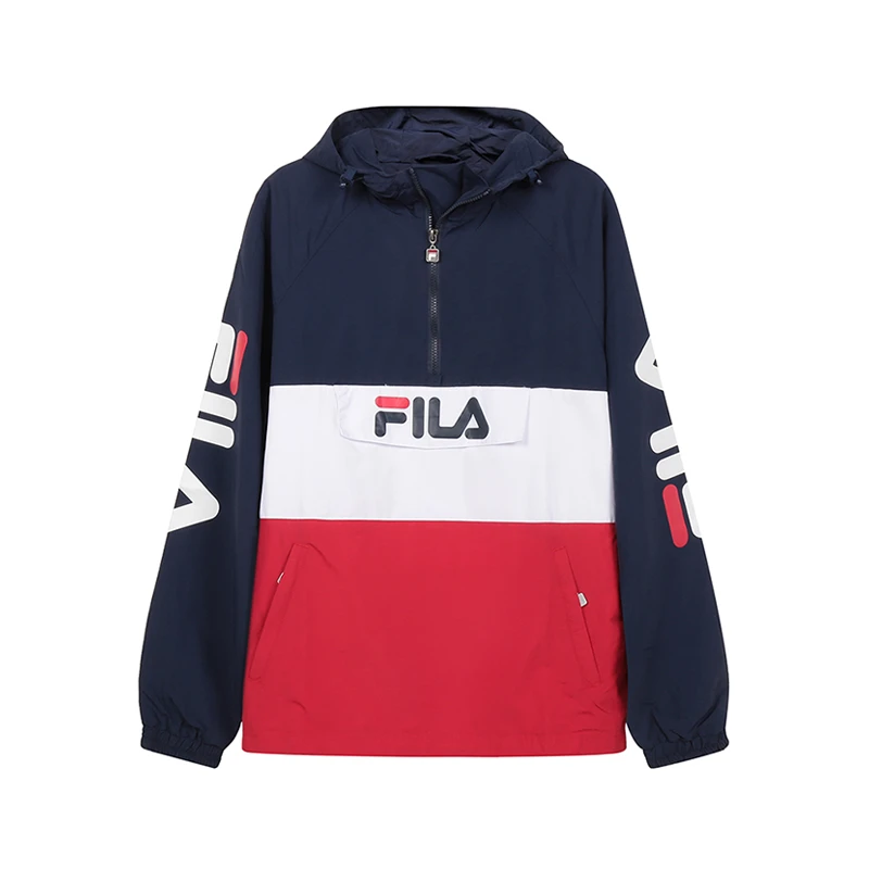 商品[国内直发] Fila|FILA 男士深蓝红白拼色聚酰胺宽松版半拉链连帽长袖卫衣 688199-G06,价格¥522,第1张图片