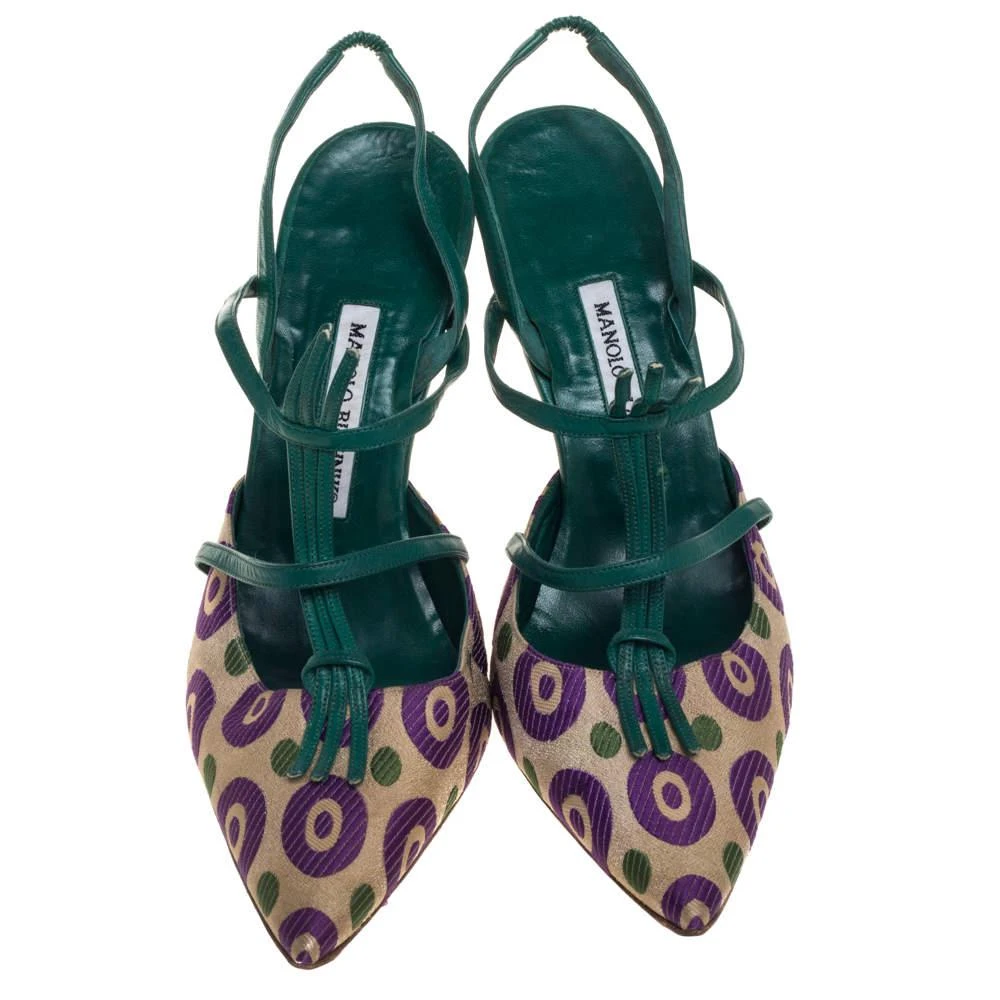 商品[二手商品] Manolo Blahnik|Manolo Blahnik Multicolor Printed Fabric And Leather Pointed Toe Slingback Sandals Size 40.5,价格¥1183,第3张图片详细描述
