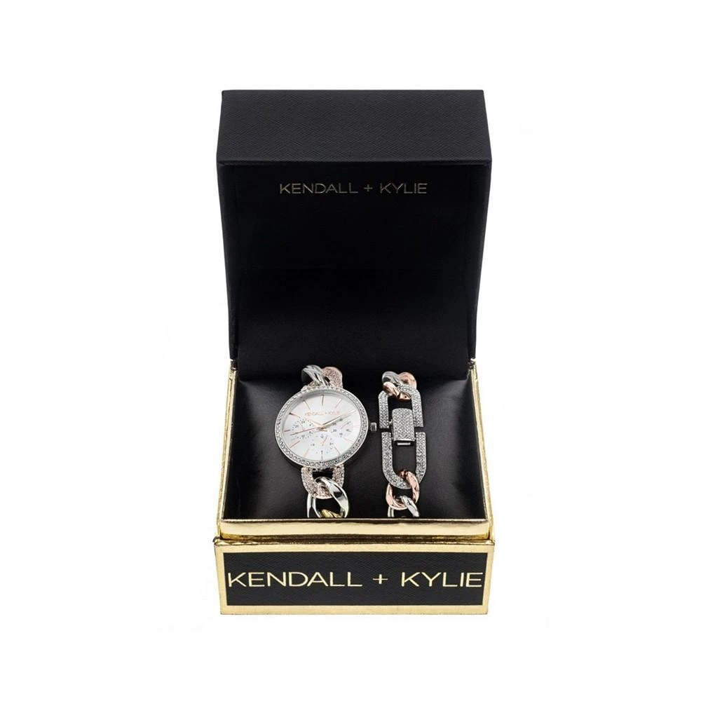 商品KENDALL & KYLIE|Women's Large Open-Link Crystal Embellished Tri Tone Stainless Steel Strap Analog Watch and Bracelet Set,价格¥150,第2张图片详细描述