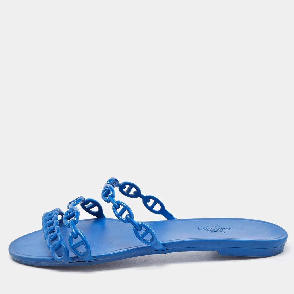 商品[二手商品] Hermes|Hermes Blue D'ancre Chaine Rivage Flat Slides Size 38,价格¥4243,第1张图片