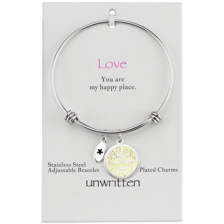 商品Unwritten|"Happy Place" Charm Adjustable Bangle Bracelet in Stainless Steel with Silver-Plated Charms,价格¥104,第3张图片详细描述