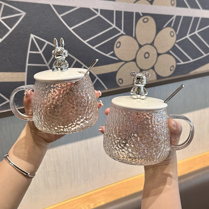 ins风可爱耐热玻璃水杯女生高颜值马克杯带盖勺办公室咖啡早餐杯 商品