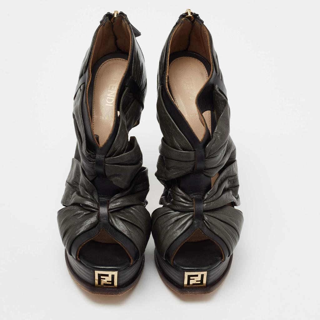 Fendi Black Pleated Leather Peep Toe Ankle Booties Size 38商品第3张图片规格展示