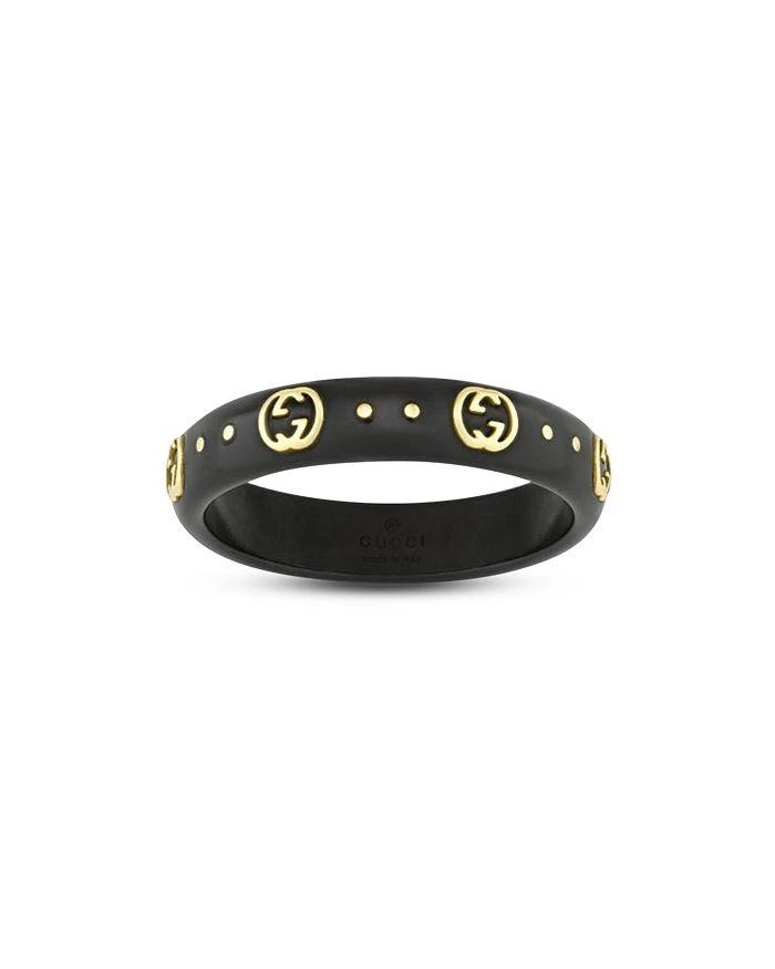 商品Gucci|18K Yellow Gold Icon Black Synthetic Corundum Logo Ring (Also in White Zirconia),价格¥5581,第1张图片