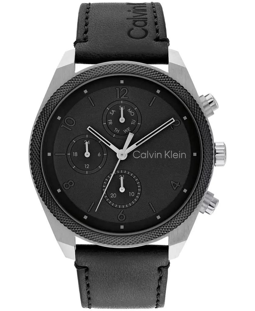 商品Calvin Klein|Men's Multifunction Black Leather Strap Watch 44mm,价格¥1195,第1张图片