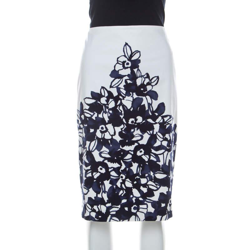 St. John White and Navy Blue Floral Printed Stretch Cotton Pencil Skirt L商品第1张图片规格展示