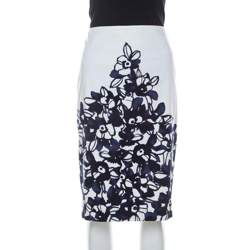 商品[二手商品] St. John|St. John White and Navy Blue Floral Printed Stretch Cotton Pencil Skirt L ,价格¥826,第1张图片